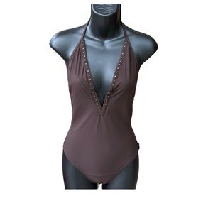 SHAN brown one piece swim suit with matching cover-up, size 8, VGC